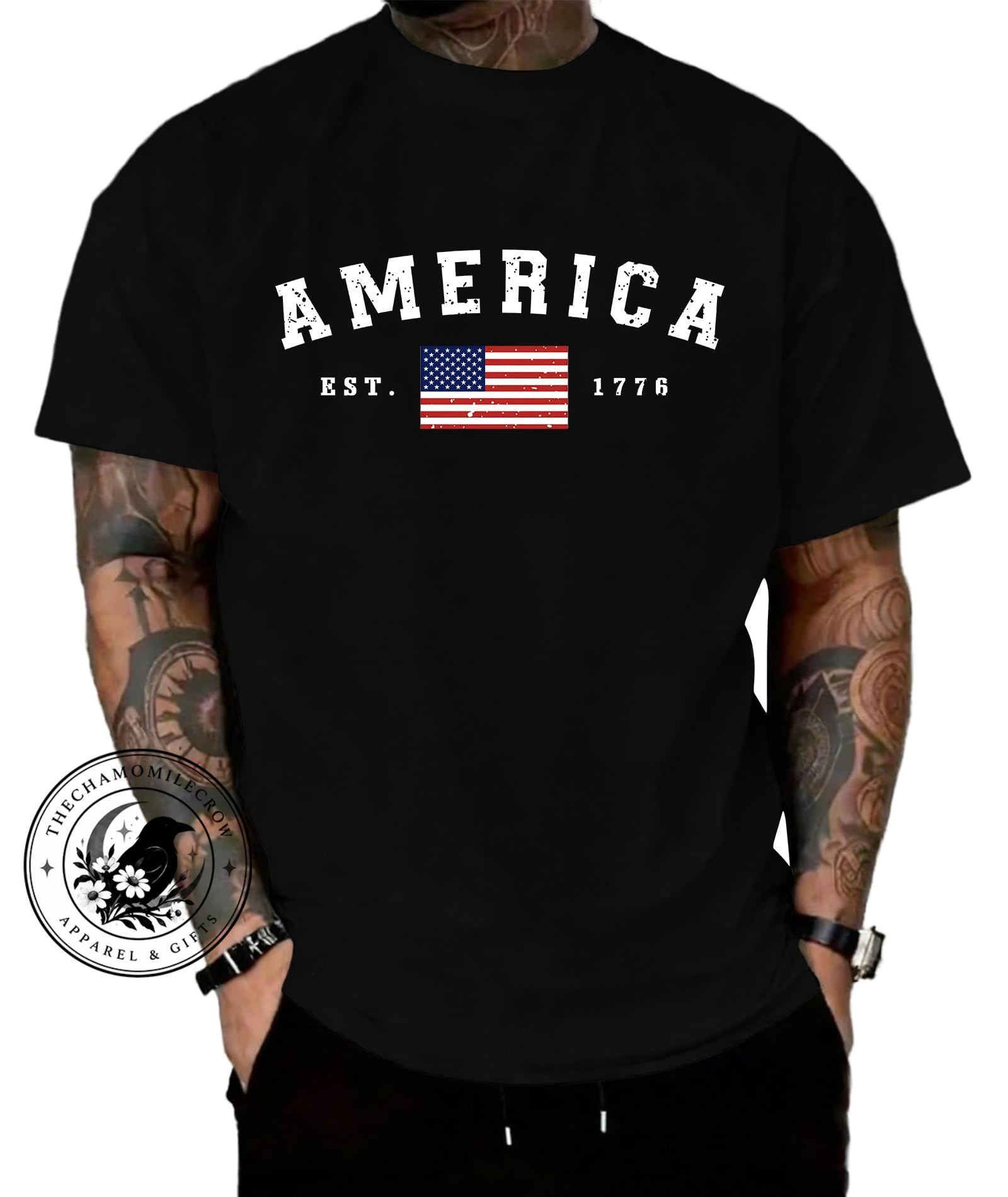 Men's American Flag T-Shirt in black with distressed AMERICA EST. 1776 graphic