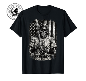 Spooky Halloween Baseball Skeleton USA Flag Men Teens Boys T-Shirt 2 Men's black Halloween baseball skeleton t-shirt with distressed USA flag graphic