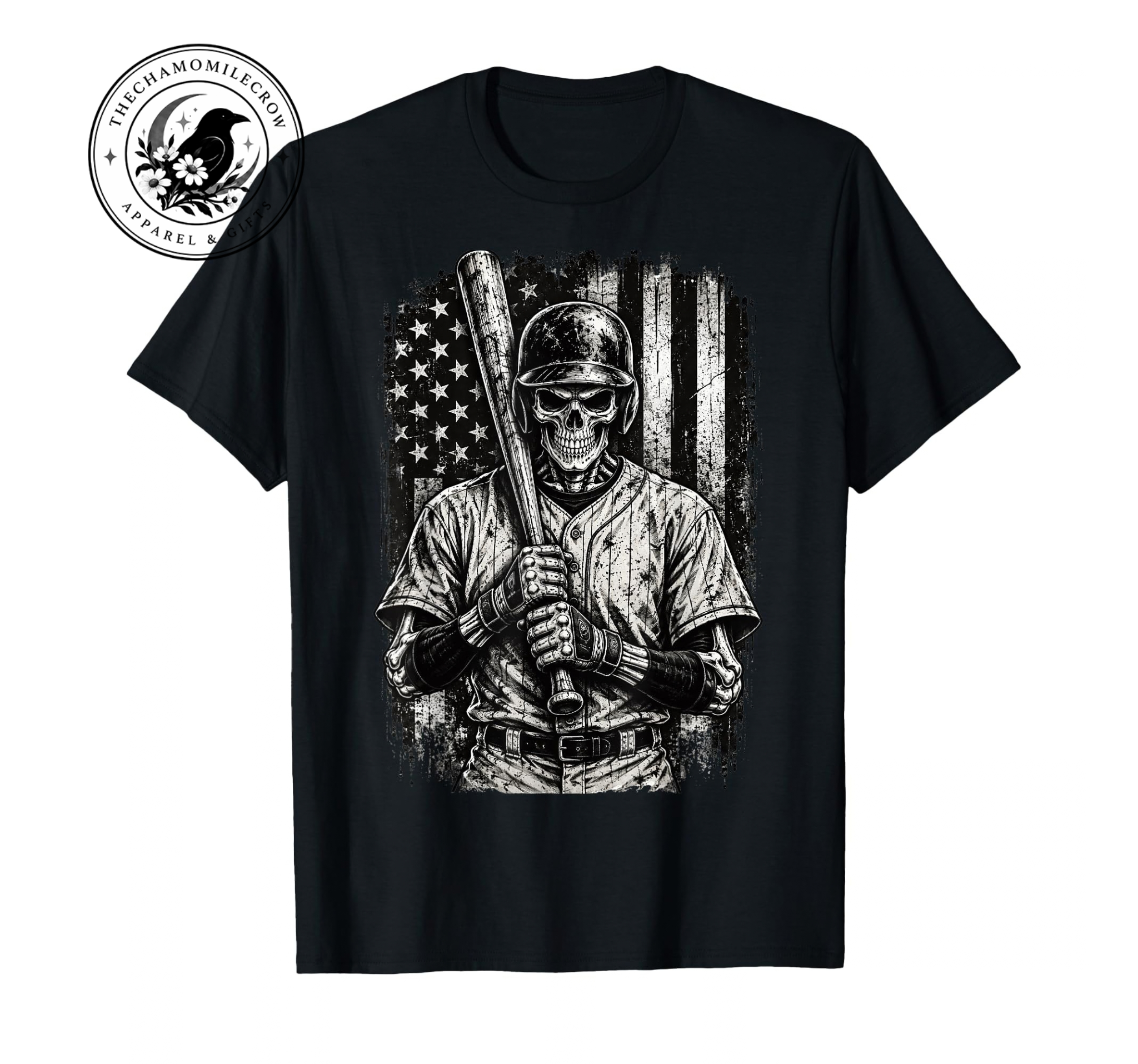 Men's black Halloween baseball skeleton t-shirt with distressed USA flag graphic