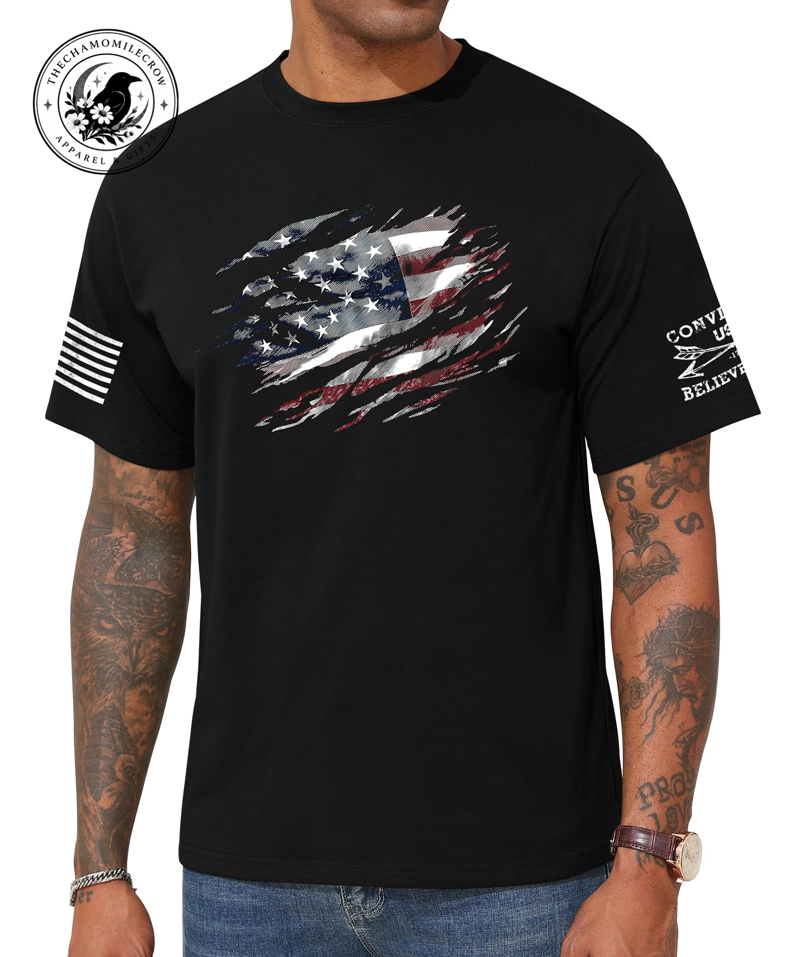 Men's American Flag T-Shirt Patriotic USA Graphic Tee in black with distressed flag design