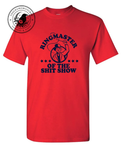 Ringmaster of the Circus funny t-shirt in red with navy ringmaster graphic