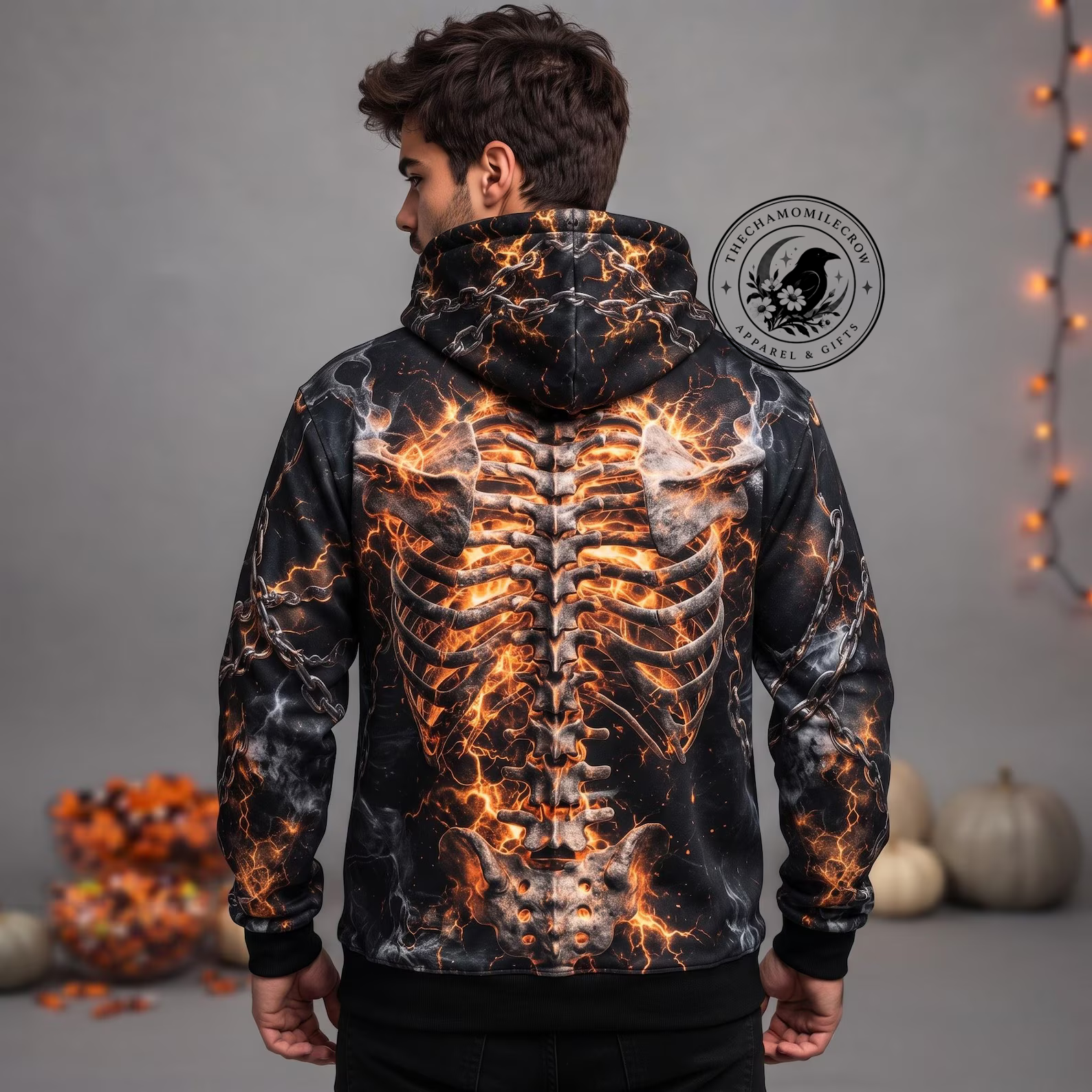 Gothic Skeleton Hoodie with glowing fire ribcage back print