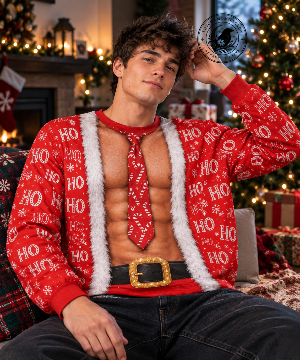 Santa Abs Sweatshirt in red with Ho Ho Ho print and 3D abs design