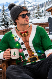 Elf Abs Sweater in green with 3D six pack print and white fur trim