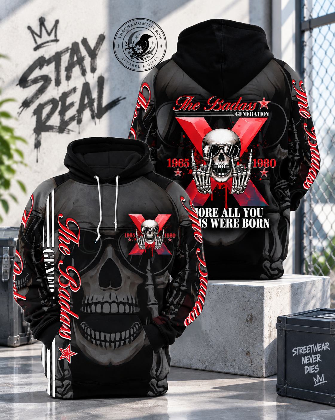 Gen X Hoodie with red skull and skeleton hands 3D print