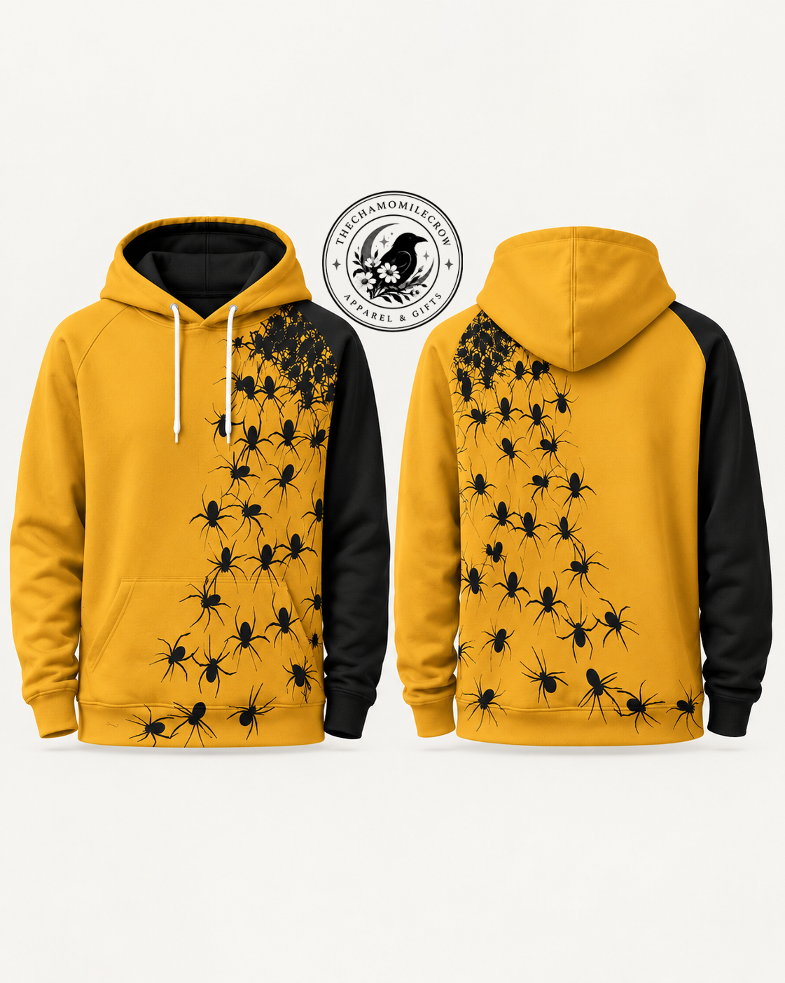 Halloween Spider Hoodie in yellow with black spiders and black sleeves