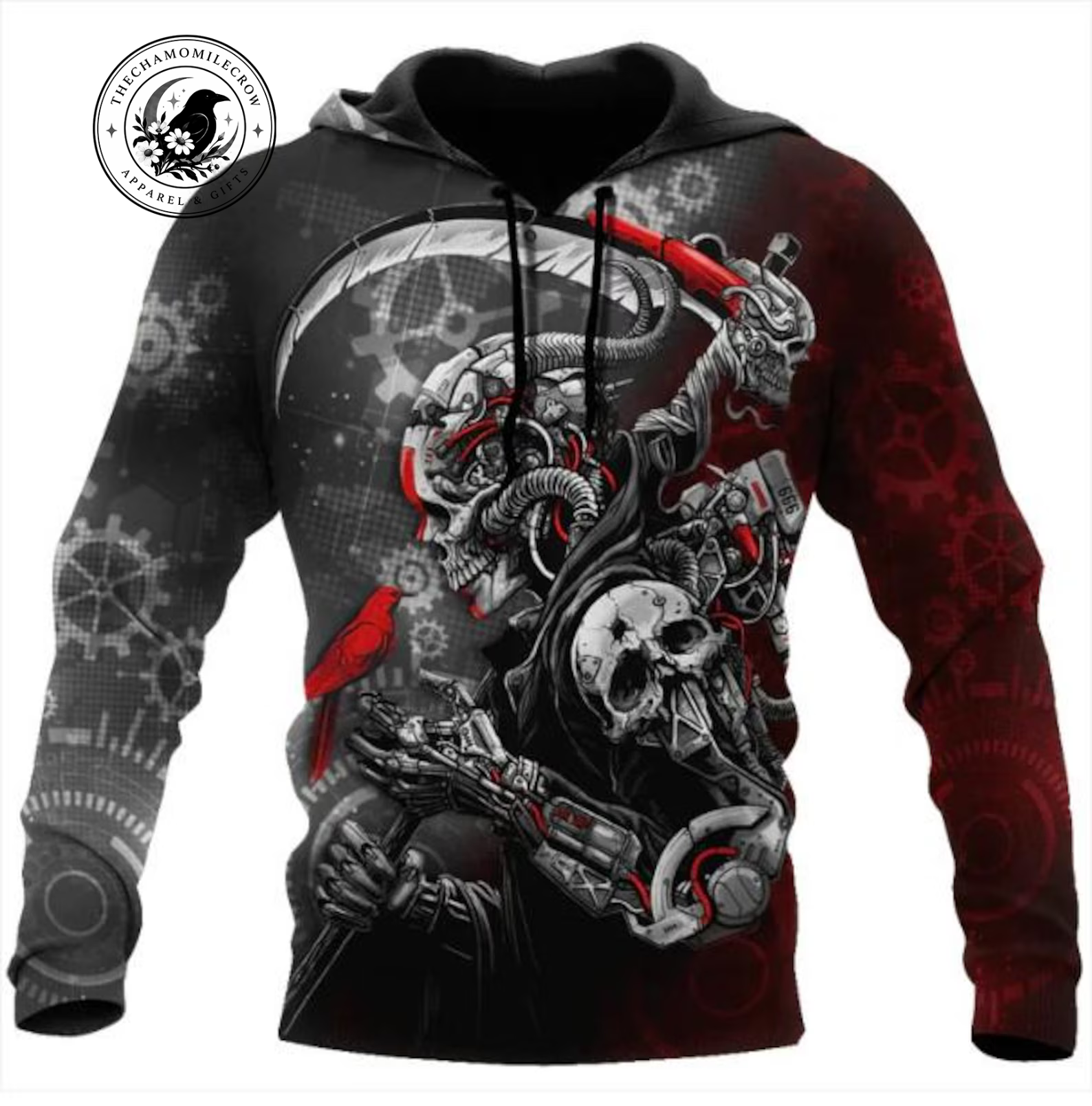 Grim Reaper Skull 3D Hoodie with cyber robot mechanic all over print