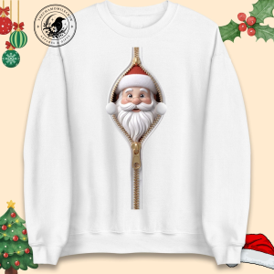 Santa Zip Christmas Sweater, Funny 3D Optical Illusion Peeking Santa Pullover, Xmas Gift for Men Women 3 Santa Zip Christmas Sweater with Santa peeking out of a gold zipper on a white sweatshirt