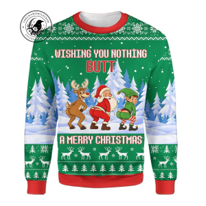 Cheeky Christmas sweatshirt with Santa, elf and reindeer booty design