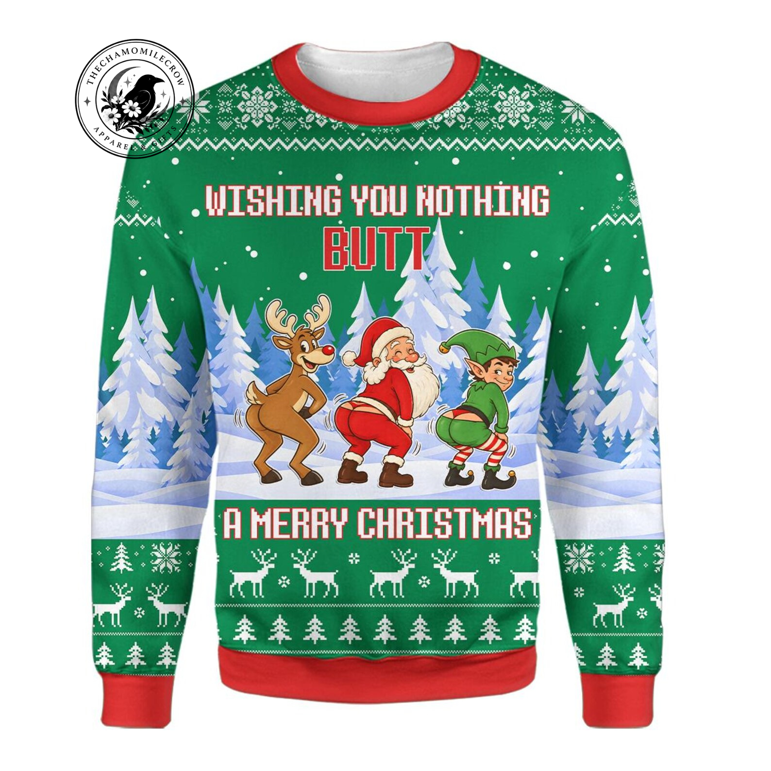Cheeky Christmas sweatshirt with Santa, elf and reindeer booty design