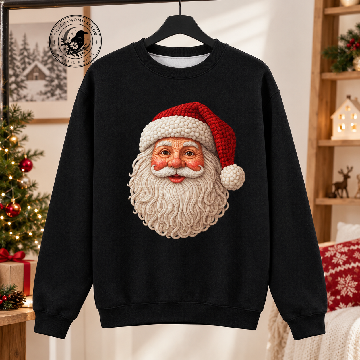 crochet style Santa sweatshirt with 3D Santa face Christmas design