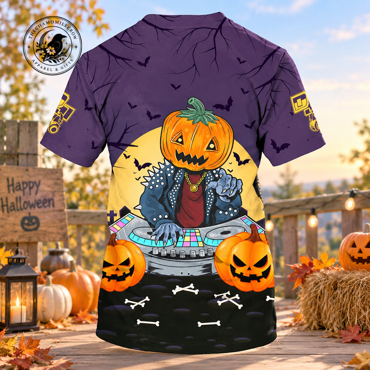 Pumpkin Head DJ Shirt with custom name and Halloween turntable design