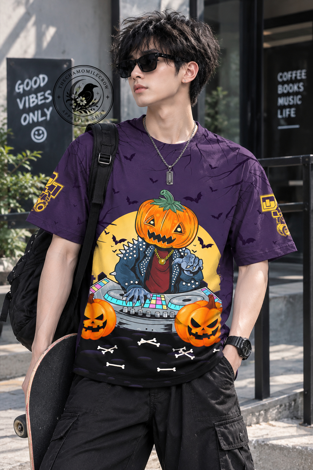 Thiết kế chưa có tên (33) Custom Name Pumpkin Head DJ Shirt, Funny Halloween Turntable Tee – image 2 of 3