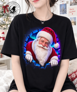 Santa Claus Peeking T-Shirt with funny Christmas graphic on black tee