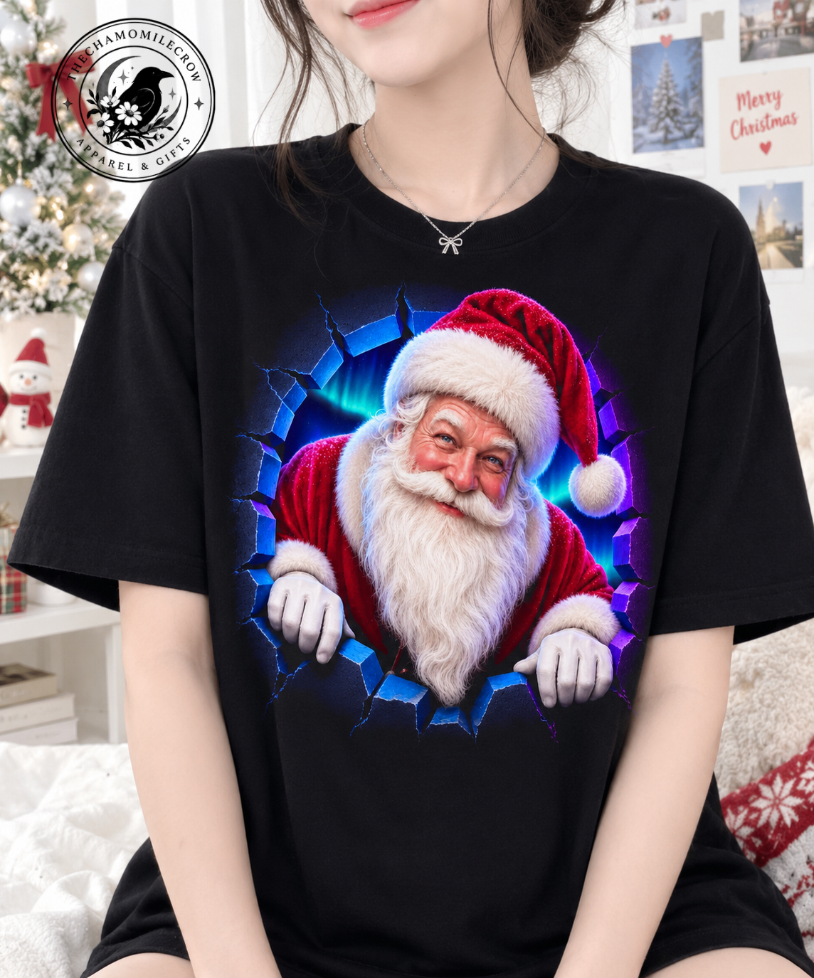 Santa Claus Peeking T-Shirt with funny Christmas graphic on black tee