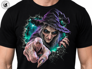 Gothic witchy shirt with sorceress emerging from torn fabric