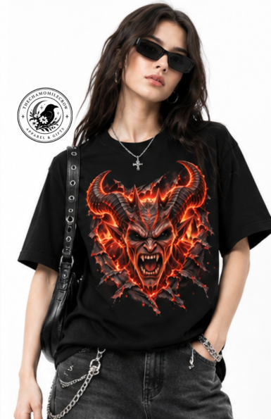 Thiết kế chưa có tên (42) Gothic Demon Shirt, Horned Demon Ripped Fabric Tee, 3D Illusion Horror Gift – image 2 of 4